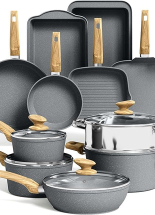 Kitchen Academy Granite Nonstick Cookware Set - 17 Piece Gray Cooking Pans Set, Induction Pots and Pans Set Non Stick, PFOA & PFOS Free.