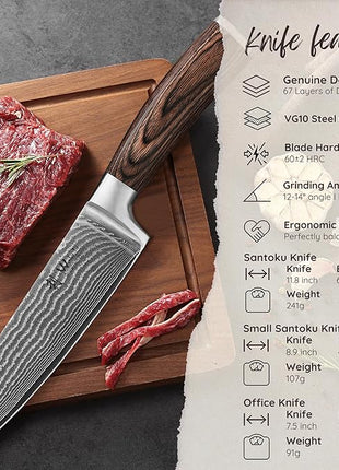 Wakoli EDIB 3-Piece Damascus Kitchen Knife Set in Wooden Gift Box – Sharp Knives Set made of Genuine Damascus Steel (VG10 Core) – Santoku, Small Santoku, & Pairing Knife – Ergonomic Pakkawood Handles