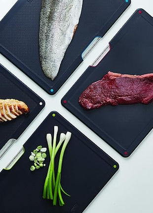 Joseph Joseph Folio 4-Piece Colour coded Cutting Board Set, Stainless Steel Slimline case for organized Kitchen storage, Black