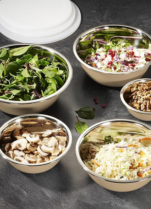 WHYSKO Stainless Steel Mixing Bowl Set, 10 Piece Stainless Steel Mixing Bowls with Lids Set for Food Prep Storage and Serving, Dishwasher Safe for Kitchen Baking Cooking, Khaki