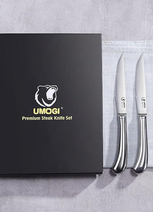 Steak Knives Set of 6 - High Carbon Stainless Steel, Dishwasher Safe - Polished Shiny Blade & Handle, Serrated Edge - Kitchen Table Knife Set, 4.5’’ Dinner Knife Non Straight