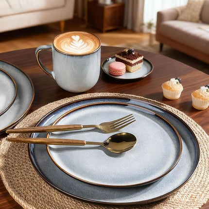 LeRATIO Ceramic Dinnerware Set of 4, Poreclain Plates, Bowls, Handmade Reactive Glaze Dishes, Chip Resistant, Oven & Dishwasher Safe, Service for 4-Gray White