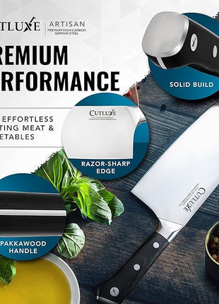 Cutluxe Cleaver Knife - 7" Meat Cleaver, Butcher Knife for Meat Cutting – German Steel Blade, Full Tang, Ergonomic Handle Design – Artisan Series