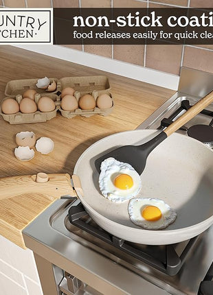 Country Kitchen Cookware Set with Removable Handle, Oven & RV Safe Pots and Pans Set, Cream Gold Speckle Wood Handle, Original