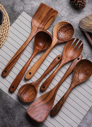 Wooden Non-Stick Kitchen Pan Toolset 7 Pieces Set,100% Natural Teak Kitchen Utensils Spatula, Wooden Cooking Utensils Spoons, Fried Spatula and Salad Fork