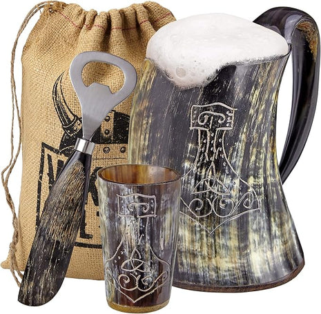 Viking Culture Ox Horn Mug, Shot Glass, and Bottle Opener (3 Pc. Set) Authentic 16-oz. Ale, Mead, and Beer Tankard | Vintage Stein with Handle | Custom Intricate Design - Natural Finish | Thors Hammer