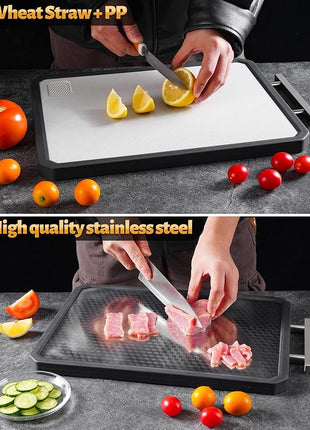 Stainless Steel Cutting Board for Kitchen, Large Chopping Board（16.42×11 In）Double Sided Non-Slip Edge Scratch-resistant Mesh Design, Food-Grade Wheat Straw PP, Non Toxic Cutting Board,Easy to Clean