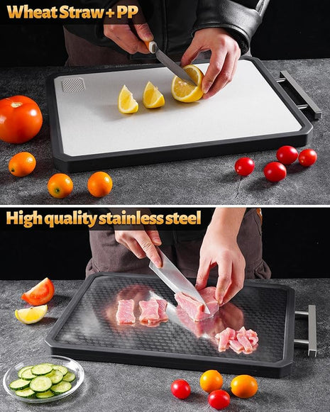 Stainless Steel Cutting Board for Kitchen, Large Chopping Board（16.42×11 In）Double Sided Non-Slip Edge Scratch-resistant Mesh Design, Food-Grade Wheat Straw PP, Non Toxic Cutting Board,Easy to Clean