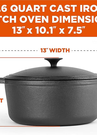 COMMERCIAL CHEF 6.6 Quart Cast Iron Dutch Oven with Dome Lid and Handles