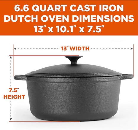 COMMERCIAL CHEF 6.6 Quart Cast Iron Dutch Oven with Dome Lid and Handles