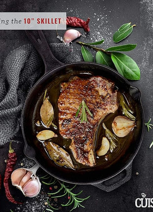 Cuisinel Cast Iron Cookware 8-Pc Set - 10" + 12" Skillet + 5-Quart Dutch Oven+ Panrack Organizer + Silicone Handle Covers + Scraper/Cleaner- Pre-Seasoned Chef's Essentials Kit - Grill, Indoor/Outdoor