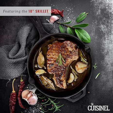 Cuisinel Cast Iron Cookware 8-Pc Set - 10" + 12" Skillet + 5-Quart Dutch Oven+ Panrack Organizer + Silicone Handle Covers + Scraper/Cleaner- Pre-Seasoned Chef's Essentials Kit - Grill, Indoor/Outdoor