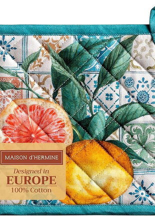 Maison d' Hermine Pot Holders 100% Cotton Heat Resistant Potholders 8" x 8" Hot Pads with Loop BBQ, Cooking, Baking, Grilling, Kitchen, Handling Hot Pans Spring/Summer (Pack of 1, Agrume)