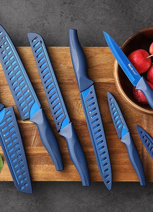 Wanbasion Blue Stainless Steel Knife Set, Sharp Kitchen Knife Set Professional, Kitchen Knife Set Dishwasher Safe with Covers for Cooking