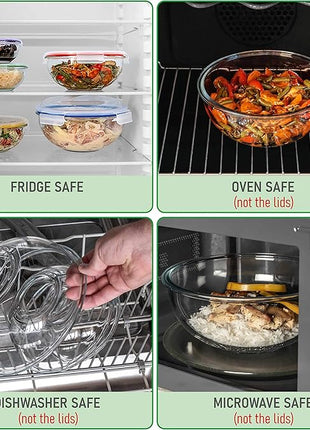 Set of 5 Stackable Space-Saving Nesting Glass Bowls with BPA Free Lids for Foodprep, Storage, Baking, Mixing & Cooking, Microwave Safe - Durable Inert Borosilicate Glass