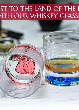 Greenline Goods American Flag Decor USA Glasses - With Patriotic Eagle - (Set of 2) 10 Oz Tumbler Set - America Themed Whiskey Set - Colored 3D Eagle Heavy Glass Base