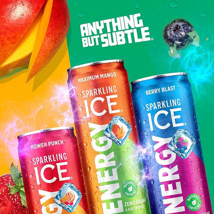 Sparkling Ice Energy Maximum Mango 12Pk. Energy Drinks with Vitamins + Antioxidants, Zero Sugar. 12 fl oz cans.