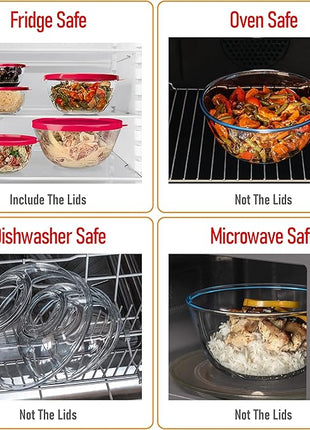 7 Stackable Space-Saving Nesting Glass Bowls with Pink Lids for Foodprep, Storage, Baking, Mixing & Cooking, Microwave Safe - Durable Inert Borosilicate Glass