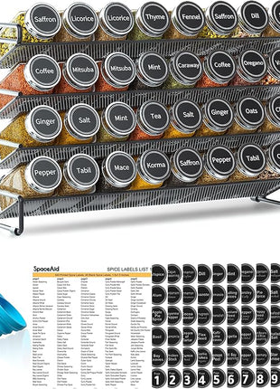 SpaceAid Spice Rack Organizer with 32 Spice Jars, 386 Spice Labels, Chalk Marker and Funnel Set for Cabinet, Countertop, Pantry, Cupboard or Door & Wall Mount - 32 Jars, 15.3" W × 10.8" H, Black