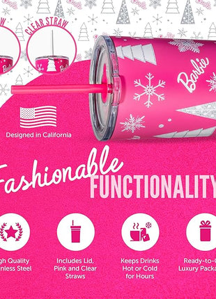 Dragon Glassware x Barbie Vacuum Insulated Stainless Steel Tumbler with Lid and Straw - Festive Holiday Travel Coffee Tumbler Cup to Keep Drinks Hot or Cold, Fits Cup Holders - Christmas Theme