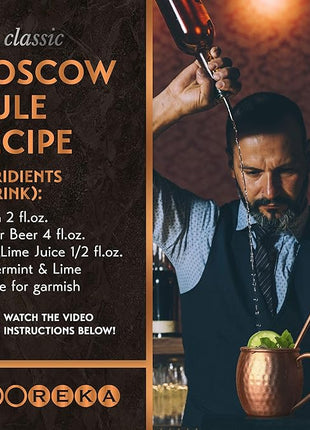 Gift Set Moscow Mule Mugs Set Of 4 16 oz Solid Cooper, 100% Pure Copper Cups HANDCRAFTED, BONUS 4 Straws, 4 Wood Coasters, Stirring Spoon, Shot Glass and Cleaning brush (Oval)