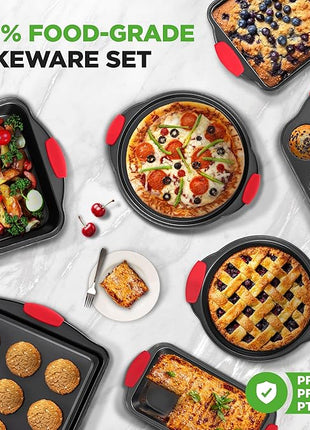 NutriChef Non-Stick Kitchen Oven Baking Pans-Deluxe & Stylish Nonstick Gray Coating Inside Outside, Commercial Grade Restaurant Quality Metal Bakeware with Red Silicone Handles NCSBS8S, 8 Piece Set
