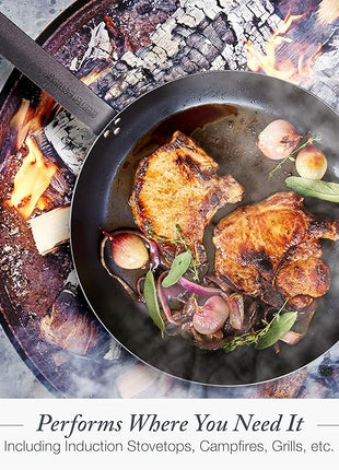 Merten & Storck Pre-Seasoned Carbon Steel 10” Frying Pan Skillet, Use on Induction, Stove and Grill, Durable, Even-Heating, for Searing, Grilling, Oven Use, and Campfire, Indoor/Outdoor