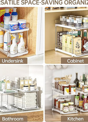 Delamu 2-Tier Multi-Purpose Bathroom Under Sink Organizers and Storage, Stackable Kitchen Pantry Organization, Pull Out Medicine Cabinet Organizer with Movable Dividers, White, 1 Pack