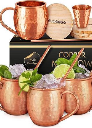 Gift Set Moscow Mule Mugs Set Of 4 16 oz Solid Cooper, 100% Pure Copper Cups HANDCRAFTED, BONUS 4 Straws, 4 Wood Coasters, Stirring Spoon, Shot Glass and Cleaning brush (Oval)