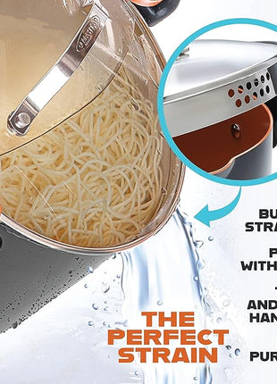 Gotham Steel 5 Quart Stock Pot Multipurpose Pasta Pot with Strainer Lid & Twist and Lock Handles, Nonstick Ceramic Surface Makes for Effortless Cleanup with Tempered Glass Lid, Dishwasher Safe