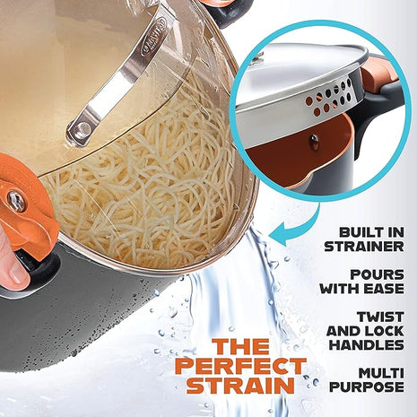 Gotham Steel 5 Quart Stock Pot Multipurpose Pasta Pot with Strainer Lid & Twist and Lock Handles, Nonstick Ceramic Surface Makes for Effortless Cleanup with Tempered Glass Lid, Dishwasher Safe