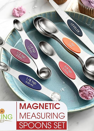 Spring Chef Stainless Steel Magnetic Measuring Spoons Set of 8 with Leveler, Nesting Teaspoon & Tablespoon Measuring Spoons, Kitchen Gadgets for Baking & Cooking, Fits in Spice Jars - Mountain Sunrise
