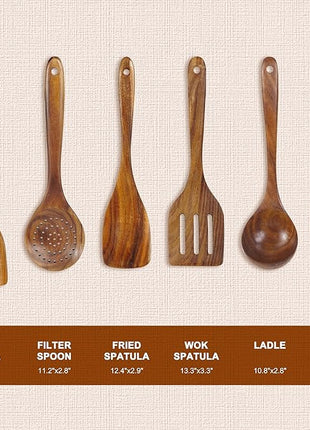 FJNATINH 6 PCS Teak Wooden Cooking Kitchen Utensils Set, Large Wooden Spoons for Cooking Mixing Baking, Non-stick Kitchen Utensils Set Gifts for Women Housewarming Gifts