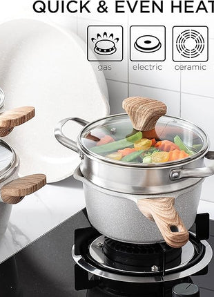 Country Kitchen Non-Stick Cast Aluminum Cookware Set - Durable Kitchen Cookware for Everyday Cooking, Cream, 11 Pc.