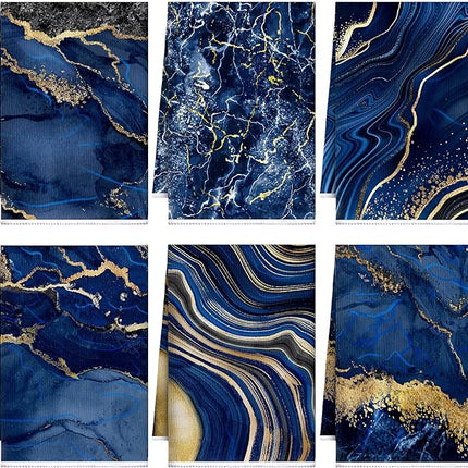 Boyiee Set of 6 Marble Kitchen Towels Blue Gold Hand Modern Absorbent Soft Decorative Dish Tea Towels 24 x 16 Inches Kitchen Gifts for Farmhouse Bathroom Decorations