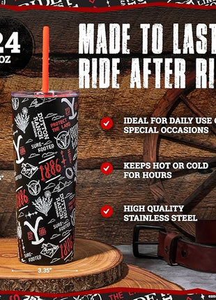 Dragon Glassware x Yellowstone Vacuum Insulated Tumbler with Lid and Straw - 24 oz Tumbler Cup with 2 Straws - Stainless Steel Tumbler with Straw for Water, Iced Tea - 1886