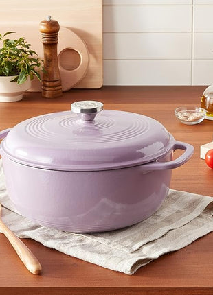 Lodge 6 Quart Enameled Cast Iron Dutch Oven with Lid – Dual Handles – Oven Safe up to 500° F or on Stovetop - Use to Marinate, Cook, Bake, Refrigerate and Serve – Lilac