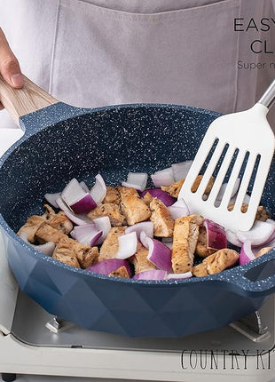 Country Kitchen Non-Stick Cast Aluminum Cookware Set - Durable Kitchen Cookware for Everyday Cooking, Navy Diamond, 11 Pc.