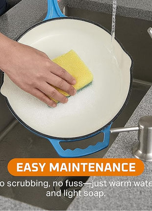 Bruntmor Pre-Seasoned Cast Iron Frying Pan Set - 8, 10, 12 Inch Blue Enamel Nonstick Skillets with Tempered Glass Lid - Oven Safe Egg and Grill Pan Set for Cooking, Searing, and Frying