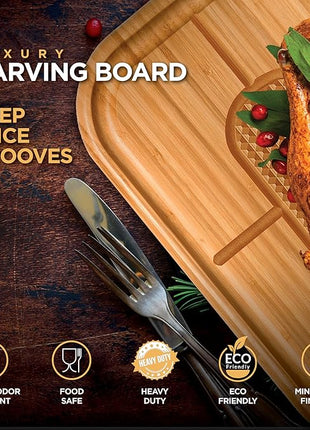 Turkey Platter for Thanksgiving - 18x12 Reversible Bamboo Carving Cutting Board for BBQ or Grilling - Heavy Duty Butcher Block with Deep Juice Groove, Spikes, Grid Grip - Large Kitchen Christmas Gift