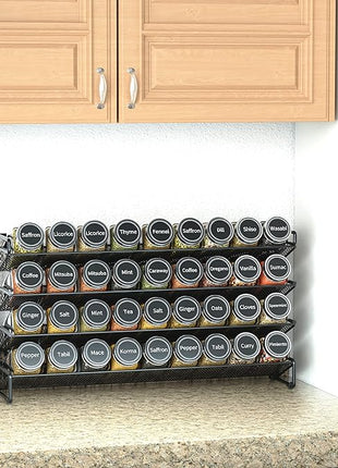 SpaceAid Spice Rack Organizer with 36 Spice Jars, 386 Spice Labels, Chalk Marker and Funnel Set for Cabinet, Countertop, Pantry, Cupboard or Door & Wall Mount - 36 Jars, 17.2" W × 10.8" H, Black