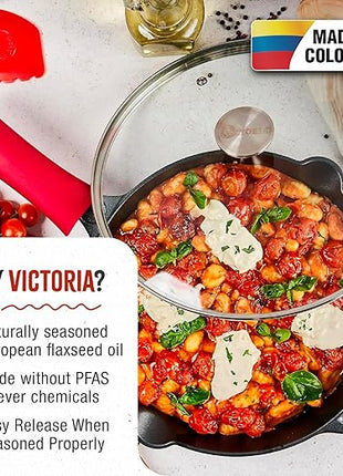 Victoria 12-Inch Cast Iron Skillet Set with Tempered Glass Lid, Large Handle Cover, and Pan Scraper