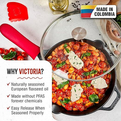 Victoria 12-Inch Cast Iron Skillet Set with Tempered Glass Lid, Large Handle Cover, and Pan Scraper