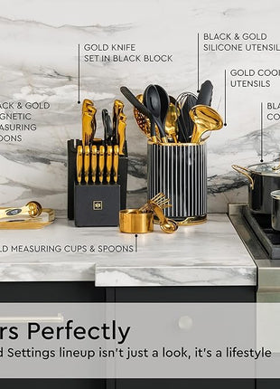 Black and Gold Kitchen Utensils Set - 19-PC Set Includes Stainless Steel and Silicone Cooking Utensils, Measuring Cups and Spoons - Black and Gold Kitchen Accessories for Stylish Cooking & Serving