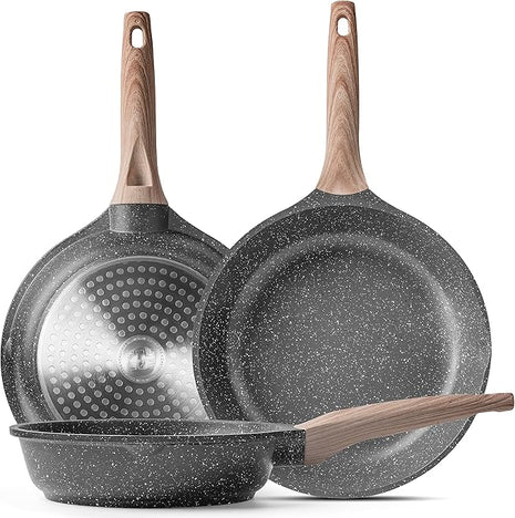 Caannasweis Nonstick Granite Frying Pan Skillet, Non Stick Omelette Fry Pans, Omelet Egg Pan, Stone Cookware Chef's Pan, Induction Compatible, PFOA Free (Gray, 3 Pcs)