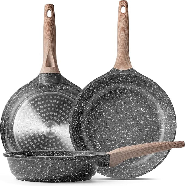 Caannasweis Nonstick Granite Frying Pan Skillet, Non Stick Omelette Fry Pans, Omelet Egg Pan, Stone Cookware Chef's Pan, Induction Compatible, PFOA Free (Gray, 3 Pcs)