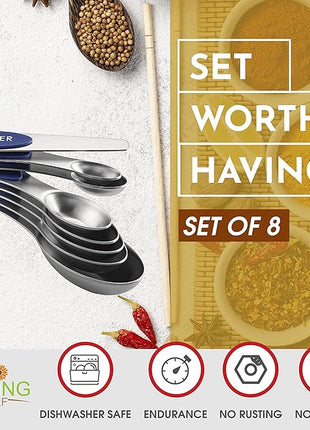 Spring Chef Stainless Steel Magnetic Measuring Spoons Set of 8 with Leveler, Heavy Duty Teaspoon & Tablespoon Measuring Spoons With Strong N45 Magnets, Kitchen Gadgets for Baking & Cooking - Sapphire