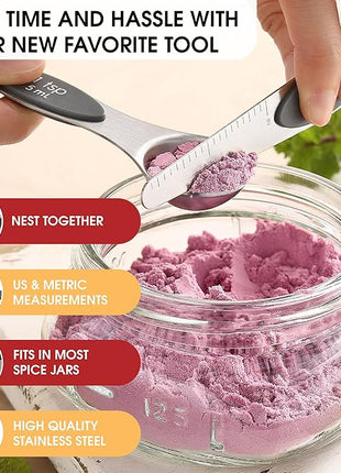 Spring Chef Stainless Steel Magnetic Measuring Spoons Set of 8 with Leveler, Dual Sided Metal Teaspoon & Tablespoon Measuring Spoons - Kitchen Gadgets For Baking and Cooking, Gray