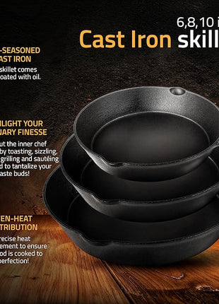 Utopia Kitchen Cast iron Skillets 3 Piece Set, Chefs Pan, Pre Seasoned Cast iron Skillets, 6, 8 & 10 Inches, Easy Use in the Oven, Stove, Grill, or Campfire, Black