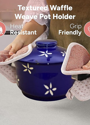 Casa Platino Cute Oven Mitts & Pot Holders, 4-Piece – Oven Mitts Heat Resistant for Grilling & Baking, Pot Holder for Hot Cookware & Microwave – Withstands Up to 500°F, Non-Slip – Canyon Rose